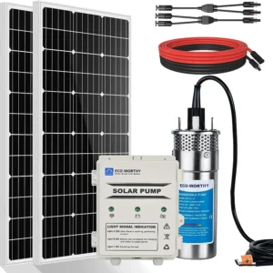 ECO-WORTHY Solar Deep Well Water Pump Kit 12V DC Submersible Water Pump with 2pcs 100W Mono Solar Panel 10AH Battery Controller for Well Pond Home Farm Stainless Steel